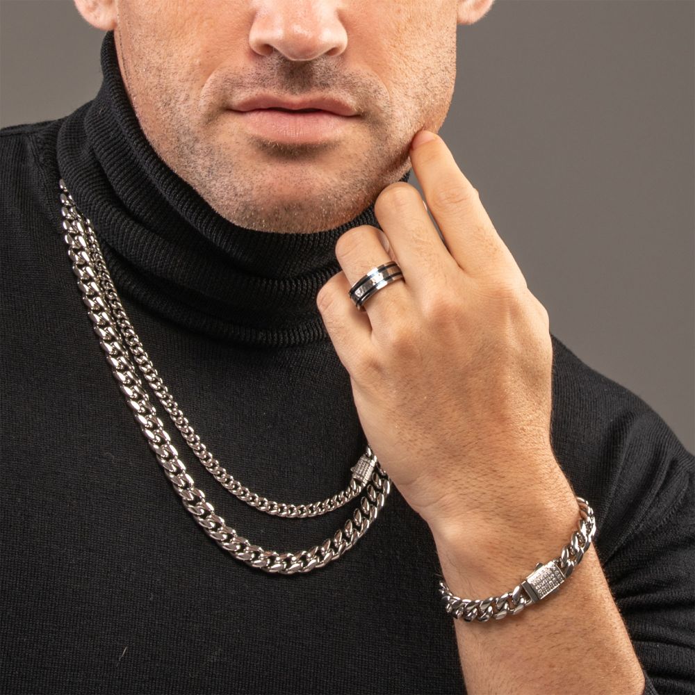 Hammered Steel Center Comfort Fit Ring with Thin Blue IP Lines