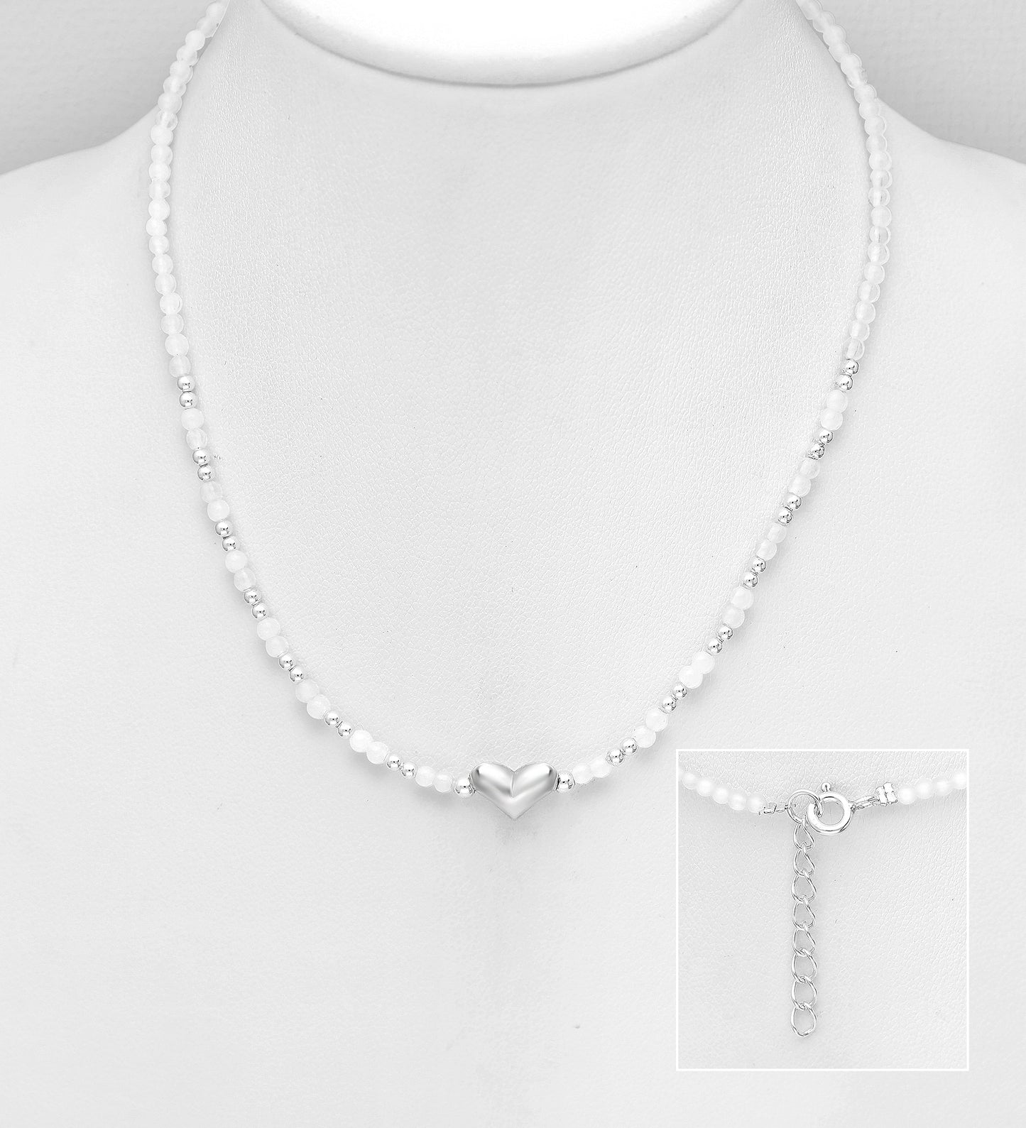 925 Sterling Silver Necklace, Featuring Ball and Heart- With Various Gemstone Beads