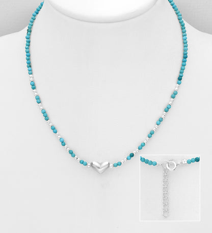 925 Sterling Silver Necklace, Featuring Ball and Heart- With Various Gemstone Beads