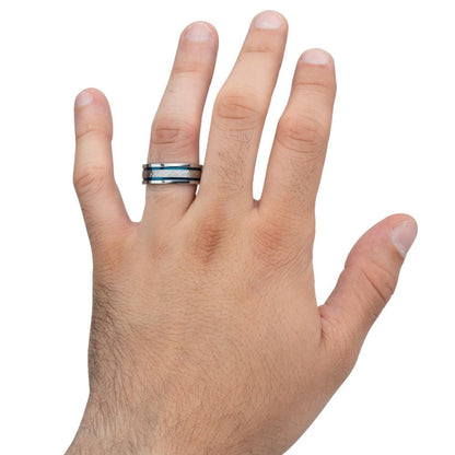 Hammered Steel Center Comfort Fit Ring with Thin Blue IP Lines