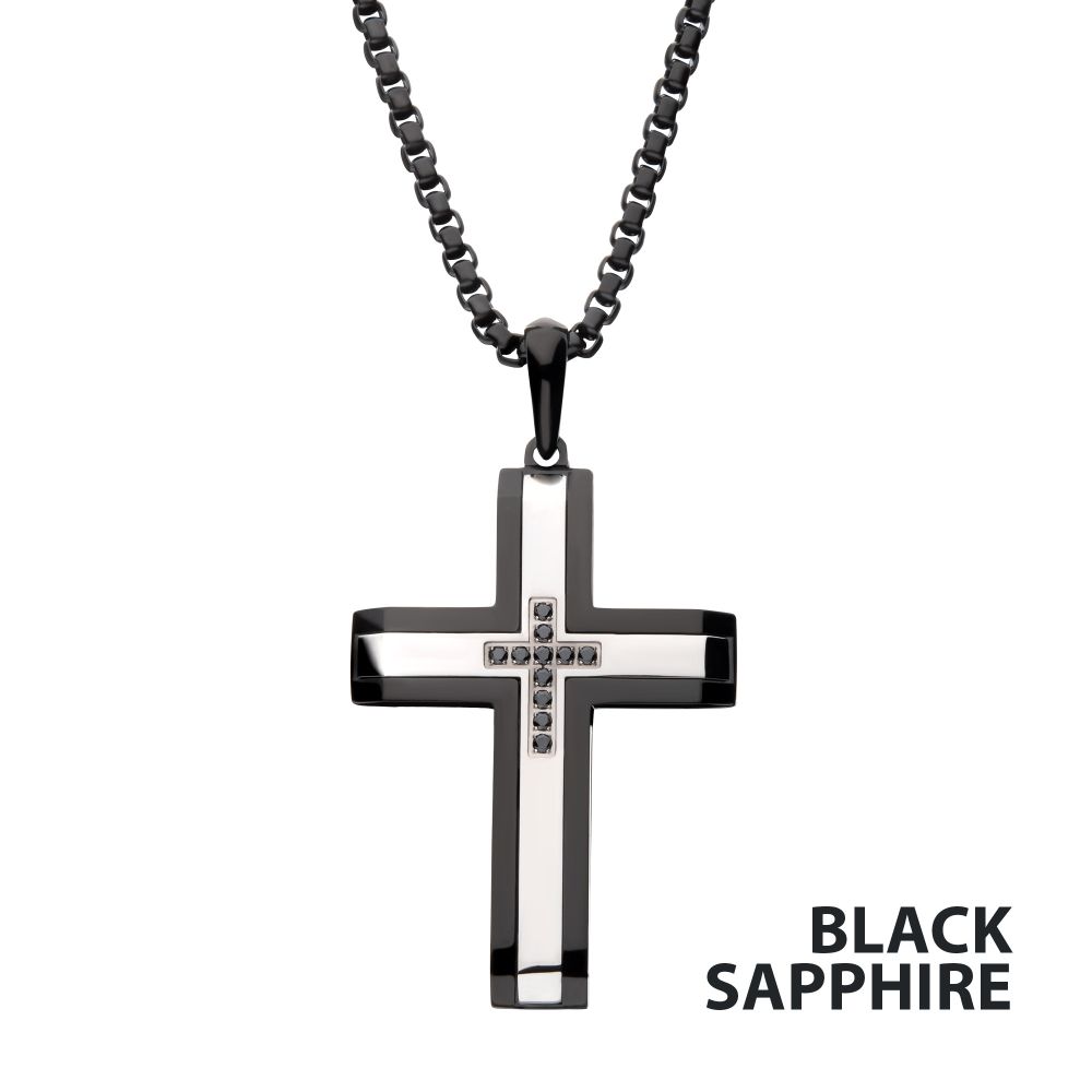 Black IP Steel Genuine Black Sapphire Gem Cross Pendant with Box Chain